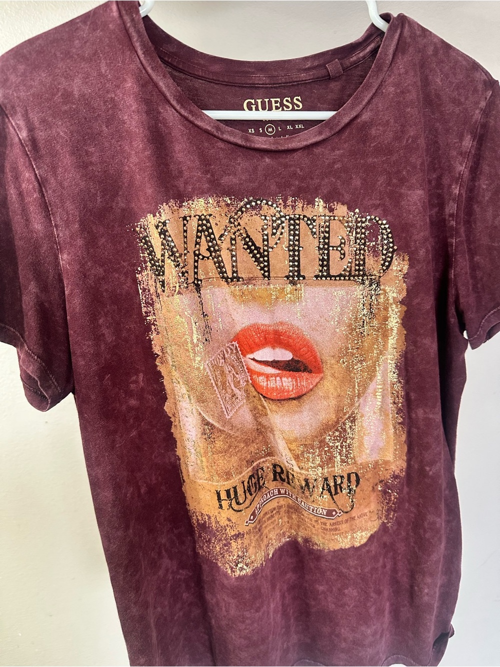 GUESS Women's Wine Graphic 'WANTED' Tee with Red Lip